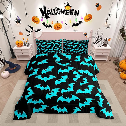 Erosebridal Cyan-Blue Bat Toddler Comforter Halloween Bat Bedding Set Spooky Goth Gothic Animal Duvet Insert Horror Halloween Bed Sets for Kids Teens Adults