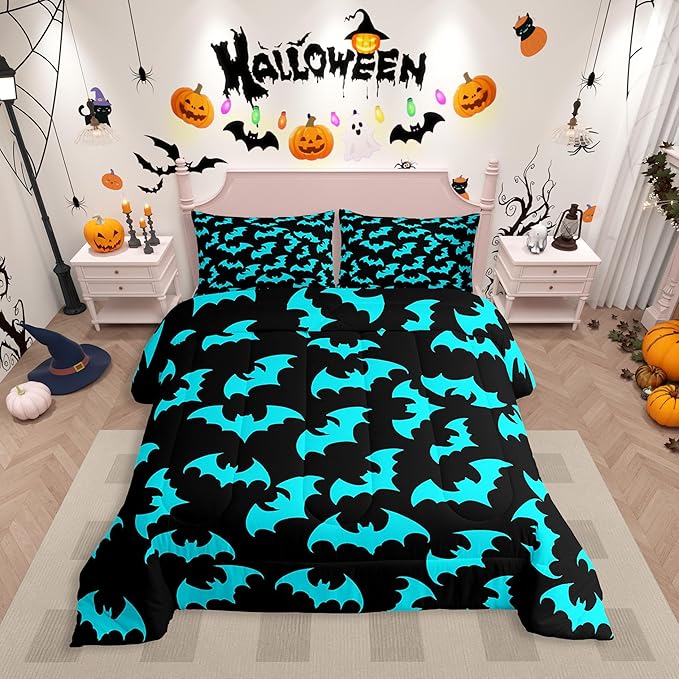 Erosebridal Cyan-Blue Bat Twin Bedding Sets Halloween Bat Comforter Set Spooky Goth Gothic Animal Quilt Duvet Set Horror Halloween Bedding Collections for Kids Teens Adults