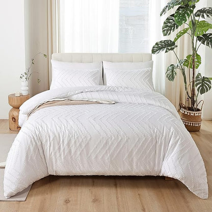 YIRDDEO White Comforter Set 3Pcs, Boho Full Size Bedding Set, Vertical Tufted Bed Set, Lightweight Neutral Bedroom Set (1 Comforter 2 Pillowcase)