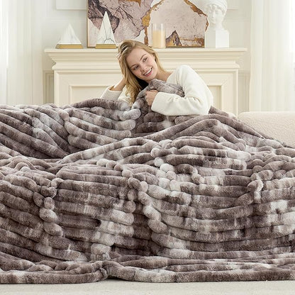 Cozy Bliss Faux Fur Throw Blanket for Couch, Cozy Warm Plush Striped Blanket for Sofa Bedroom Living Room, 108 * 90 Inches Tie-dye Grey