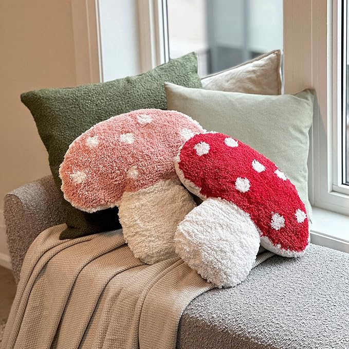 Mushroom Throw Pillow Tufted Shape Decorative Cushion 15” x 15” – Decor for Bed, Couch, Living Room (Red)