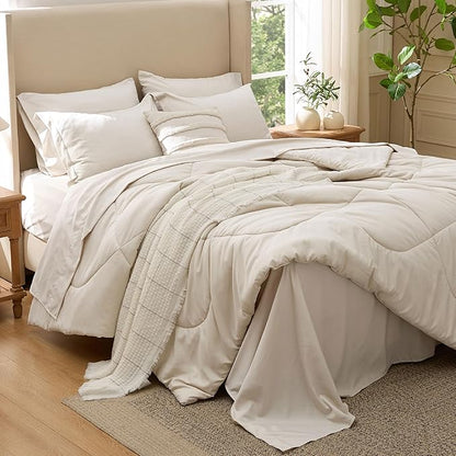 Bedsure 5 Pieces Twin Comforter Set Premium Series, Hotel Luxury Soft Bed in a Bag, Goose Down Alternative, Safe for Sensitive Skin Bedding Comforter All Season Medium Warmth, Beige Wavy Quilted