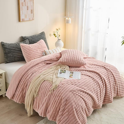 Simple&Opulence Fluffy Faux Fur Comforter Set, Plush Fuzzy Minky Bedding Set, 3 Pieces Warm Soft Comforter Bedding Set for Winter - 1 Shaggy Comforter with 2 Pillow Shams(Queen, Striped - Pink)