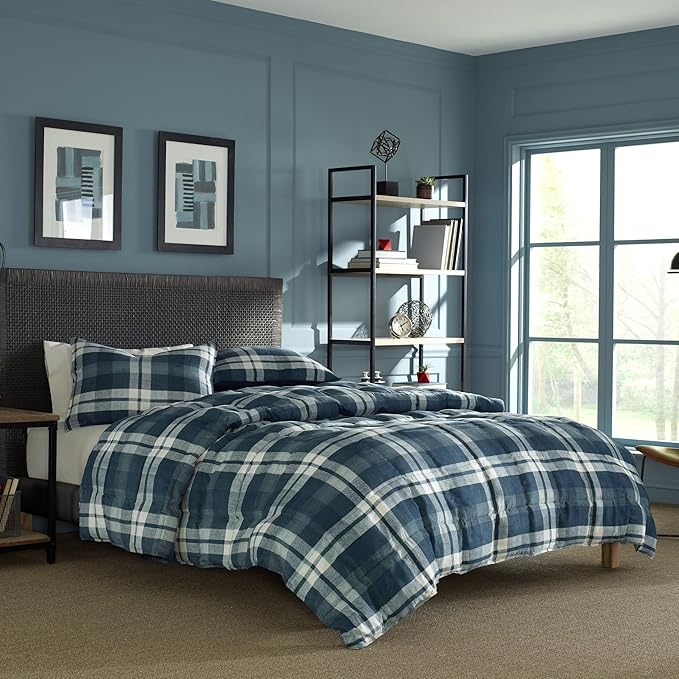 Nautica - King Size Comforter Set, Reversible Bedding with Matching Shams, Stylish Plaid Home Decor (Crossview Navy, King)