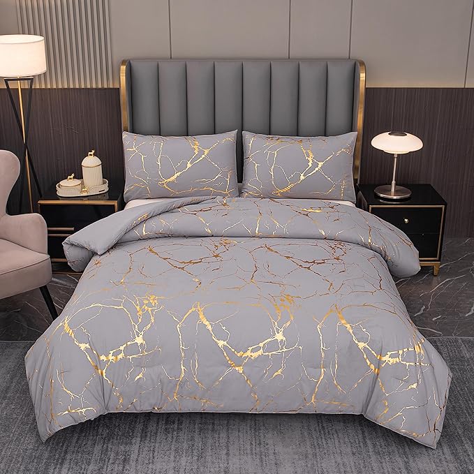 MWMWMW Gray Comforter, Grey and Gold Marble Bedding Set, 3 Pcs Luxury Comforter for Men & Women Bedroom, Queen Size with 2 Pillowcases