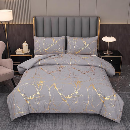 MWMWMW Gray Comforter, Grey and Gold Marble Bedding Set, 3 Pcs Luxury Comforter for Men & Women Bedroom, Queen Size with 2 Pillowcases