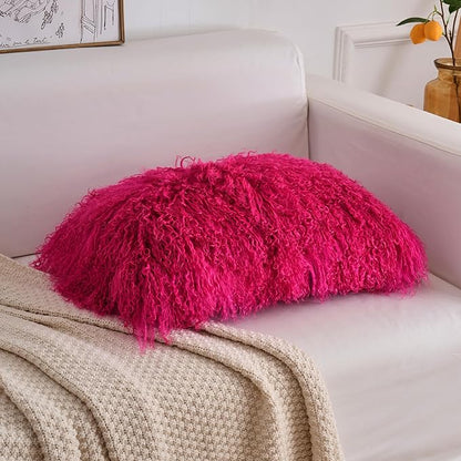 Genuine Mongolian Lamb Fur Pillow Cover – 12"x20" Rectangular Cushion Case – Soft Curly Wool Decorative Accent for Sofa, Bed, or Chair (Hot Pink)