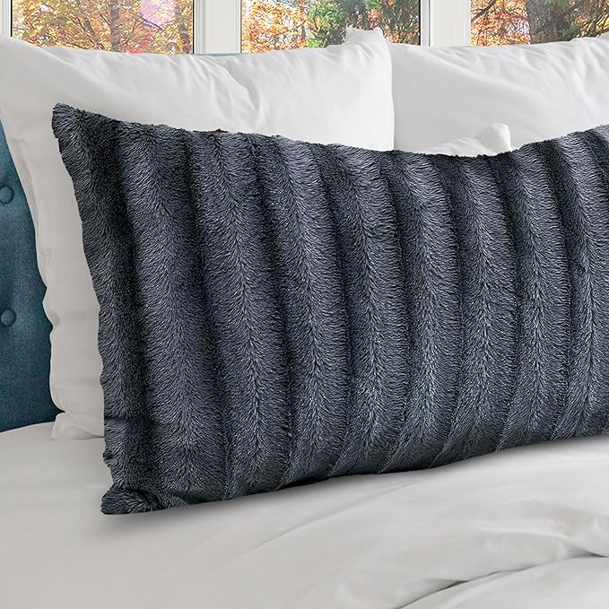 Cheer Collection Faux Fur Long Body Pillow - Accent Throw Pillow for Bed and Couch - Decorative Lumbar Pillow with Insert, Gray (18" x 40")