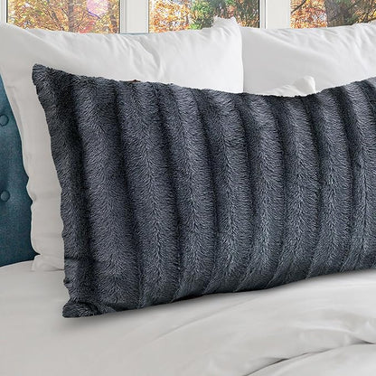 Cheer Collection Faux Fur Long Body Pillow - Accent Throw Pillow for Bed and Couch - Decorative Lumbar Pillow with Insert, Gray (18" x 40")