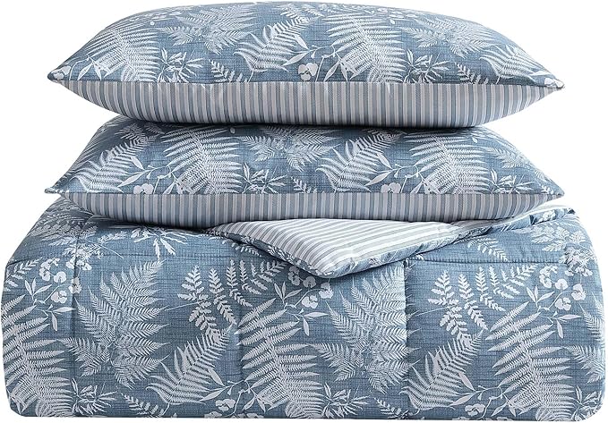 Eddie Bauer - Queen Comforter Set, Soft Reversible Bedding with Matching Shams, Wildflower Inspired Luxurious Bedding Set with Stripe Reverse (Fern Garden Blue, Queen)