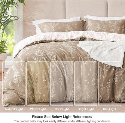 Love's cabin Light Taupe Comforter Set Queen - Queen Size Comforter Set, 3 Pieces Cute Floral Bedding Sets for All Seasons,1 Soft Reversible Botanical Flowers Comforter and 2 Pillow Shams
