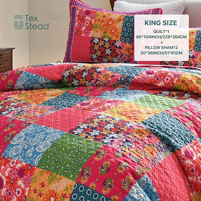 King Quilt Set for Bed - 100% Cotton Quilts Patchwork Comforter Coverlet Bedspread Reversible 90"x104" with 2 Pillow Shams