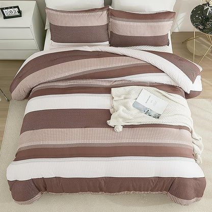 Litanika Brown Comforter Set King - 3 Pieces Lightweight Brown White Colorblock Stripe Fluffy Bedding Comforter Sets, All Season Bed Set