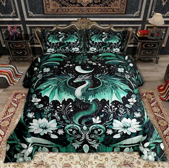 Feelyou Kids Dragon Comforter Set Full Size, Green Dragon Bedding Set Dragon Lovers Comforter for Kids Boys Girls Boho Duvet Insert Room Decor 3Pcs