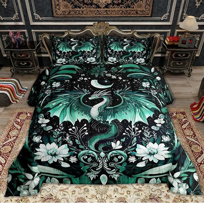 Feelyou Kids Dragon Comforter Set Full Size, Green Dragon Bedding Set Dragon Lovers Comforter for Kids Boys Girls Boho Duvet Insert Room Decor 3Pcs