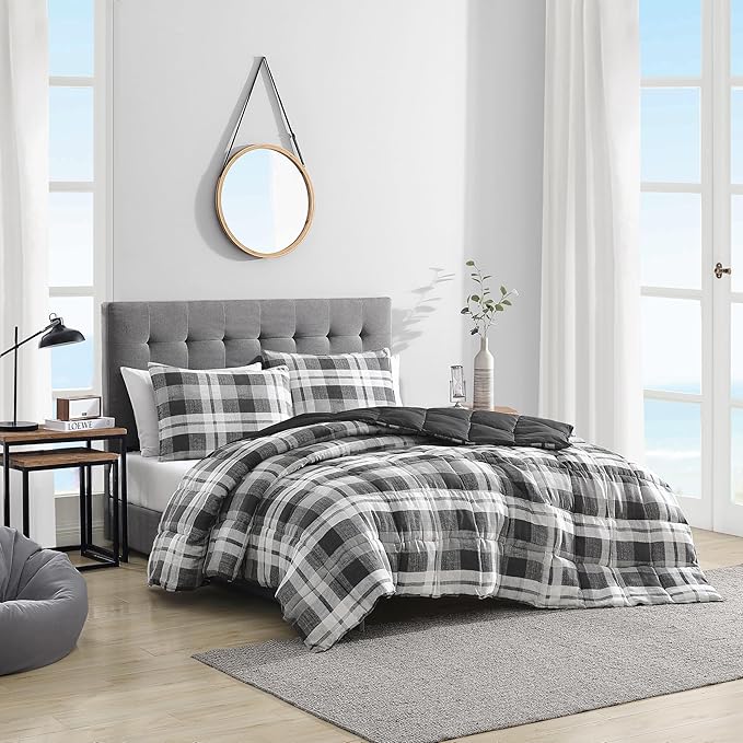 Nautica - Queen Comforter Set, Reversible Bedding with Matching Shams, Microsuede with Sherpa Reverse, Oek-Tex Certified (Crossview Plaid Charcoal)