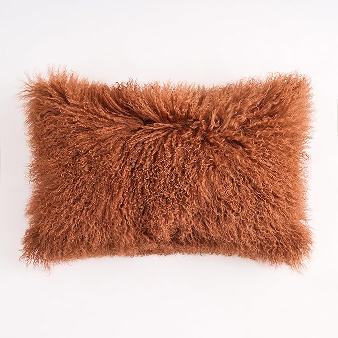 Genuine Mongolian Lamb Fur Pillow Cover – 12"x20" Rectangular Cushion Case – Soft Curly Wool Decorative Accent for Sofa, Bed, or Chair (Warm Terracotta)