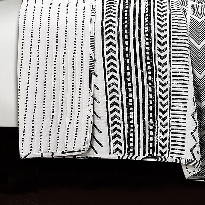 Lush Decor Hygge Geo Pattern Striped 3 Piece Quilt Bedding Set, Full/Queen, Black & White