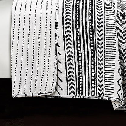 Lush Decor Hygge Geo Pattern Striped 3 Piece Quilt Bedding Set, Full/Queen, Black & White