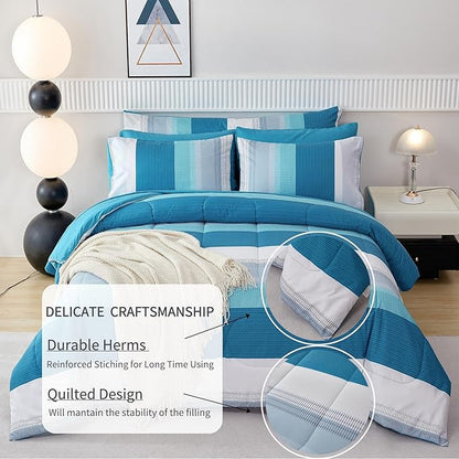 RYNGHIPY 8 Pieces Teal Grey Queen Bed Comforter Sets, Soft All Season Boys Men Women Comforter Bedding Set, Turquoise Stripe Colorblock Bed in a Bag Lightweight Fluffy (Queen,Teal Grey)