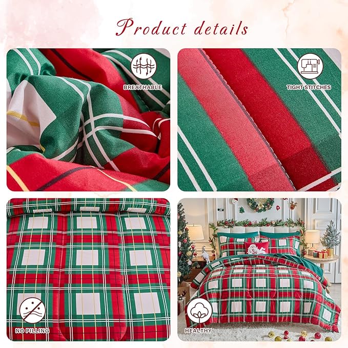 Tititada Christmas Plaid Bed in a Bag 7 Pcs King Size, Green and Red Buffalo Grid Bedding Comforter Set Warm for Winter(1 Comforter, 1 Flat Sheet, 1 Fitted Sheet, 2 Pillow Shams, 2 Pillowcases)