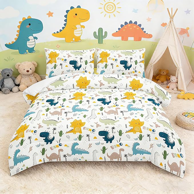 MWMWMW Dinosaur Bedding Set for Boys Twin Size, 2 Piece Cartoon Dinosaur Printed Comforter for Kids Boys, Lightweight Soft Microfiber Kids Bedding Set with Pillowcase All Season Use