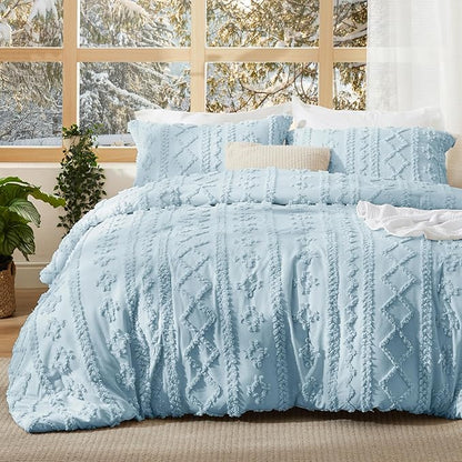 Bedsure Tufted Boho Comforter Set Twin Size - Light Blue Boho Bed Set, GentleSoft™ 2 Pieces Farmhouse Shabby Chic Embroidery Bedding, Gifts for Woman, Soft Jacquard Twin Comforter for All Seasons