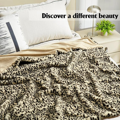 JONIYEAR Decorative Brown Leopard Print Faux Rabbit Fur Twin Size Blanket 60" x 70", Double Sided Soft Thick Warm Cheetah Blankets for Winter, Oversized Cute Cozy Animal Printed Blanket for Women