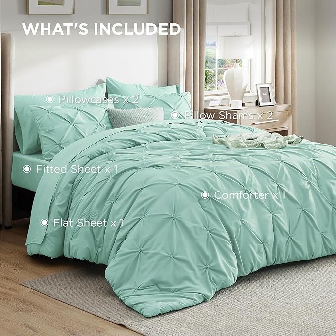 Bedsure California King Comforter Set - Bed in a Bag Cal King Bedding Set 7 PCS, GentleSoft™ Pintuck Bed Set Gift for Family, Pinch Pleat Mint Green Comforter with Sheets, Pillowcases & Shams