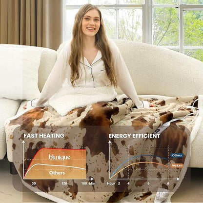 Cow Print Heated Blanket Twin-Heating Electric Blanket Twin with 10 Heat Levels & 10 Hours Auto-Off, Cozy Soft Fleece Sherpa, Washable, 62 x 84 Inches Cow Print Apricot
