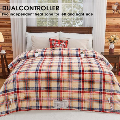 Heated Electric Blanket Queen Size, 84X90 Heating Blanket Queen with Dual Control&10 Heats Levels&Timer for Bed,Brown Plaid Sherpa Soft Blankets Warmer Gift for Grandma Women Adults, Washable