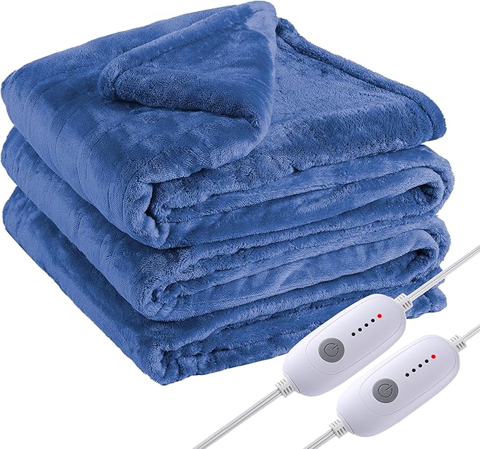Electric Heated Blanket Queen Size 84"×90" Dual Control, 5 Heating Settings & 10Hs Auto Off, Overheat Protect, Energy Efficient, for Sofa & Bed, Machine Washable, Denim Blue