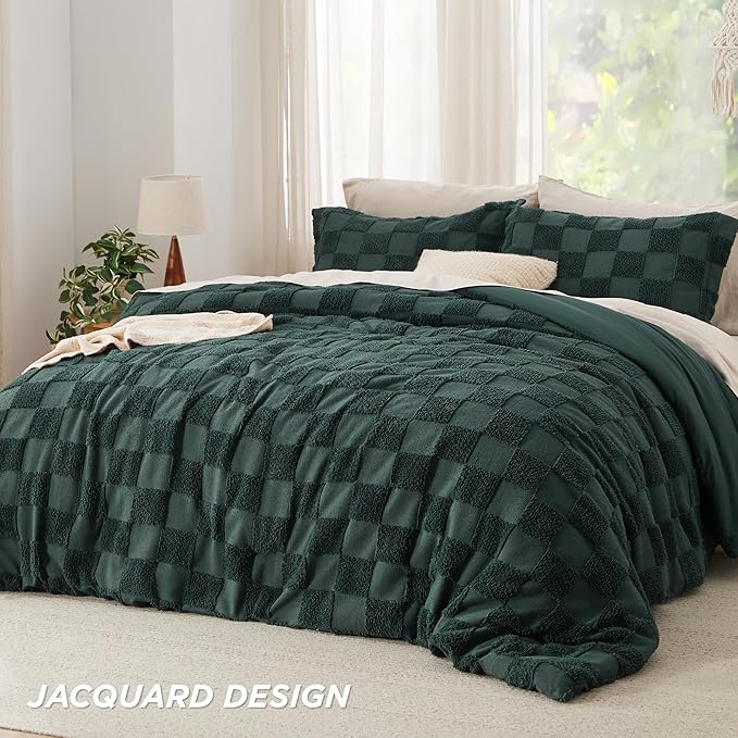 Bedsure King Size Comforter Set Emerald, Boho Tufted Bed Set, Checkered Farmhouse Shabby Chic Bedding, 3 Pieces, 1 Plaid Geometric Comforter and 2 Pillow Shams