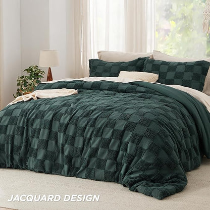 Bedsure King Size Comforter Set Emerald, Boho Tufted Bed Set, Checkered Farmhouse Shabby Chic Bedding, 3 Pieces, 1 Plaid Geometric Comforter and 2 Pillow Shams