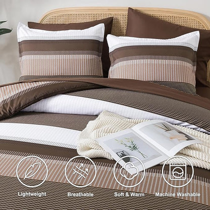 Andency California King Comforter Set Brown - 7 Pieces Striped Lightweight Bed in a Bag, Soft Microfiber Reversible Bedding Set with Comforter, Fitted & Flat Sheet, Pillowcases & Shams