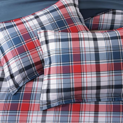 MaiRêve Queen Size Plaid Comforter Set Navy Red, Classic 7 Pieces Farmhouse Bedding Set, All Season Lightweight Bed in A Bag with Sheets, Pillowcases & Shams