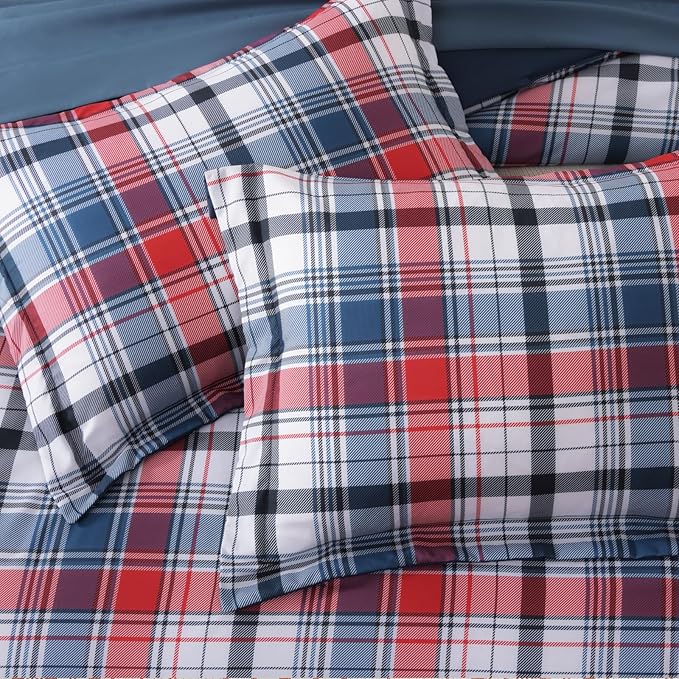MaiRêve Twin XL Size Plaid Comforter Set Navy Red, Classic 5 Pieces Farmhouse Bedding Set, All Season Lightweight Bed in A Bag with Sheets, Pillowcase & Sham