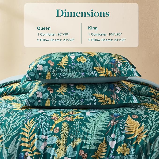 King Comforter Set - 3 Pieces Botanical Bedding Comforter Set, 1 Soft Dark Green Plant Flowers Comforter (104"x90") and 2 Pillow Shams(20"x36") Ultra-Soft Comfort Suitable for All Seasons