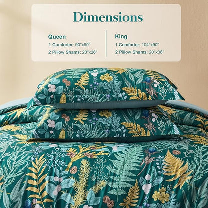 Queen Comforter Set - 3 Pieces Botanical Bedding Comforter Set, 1 Soft Dark Green Plant Flowers Comforter (90"x90") and 2 Pillow Shams(20"x26") Ultra-Soft Comfort Suitable for All Seasons