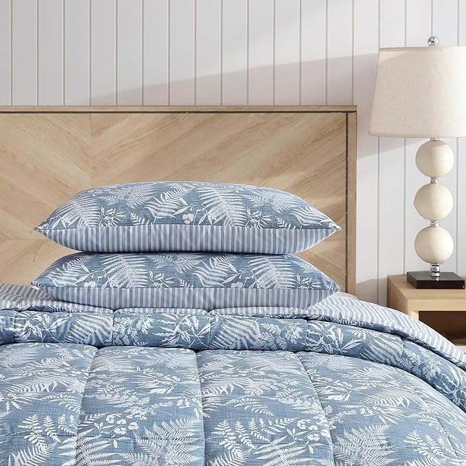 Eddie Bauer - Queen Comforter Set, Soft Reversible Bedding with Matching Shams, Wildflower Inspired Luxurious Bedding Set with Stripe Reverse (Fern Garden Blue, Queen)