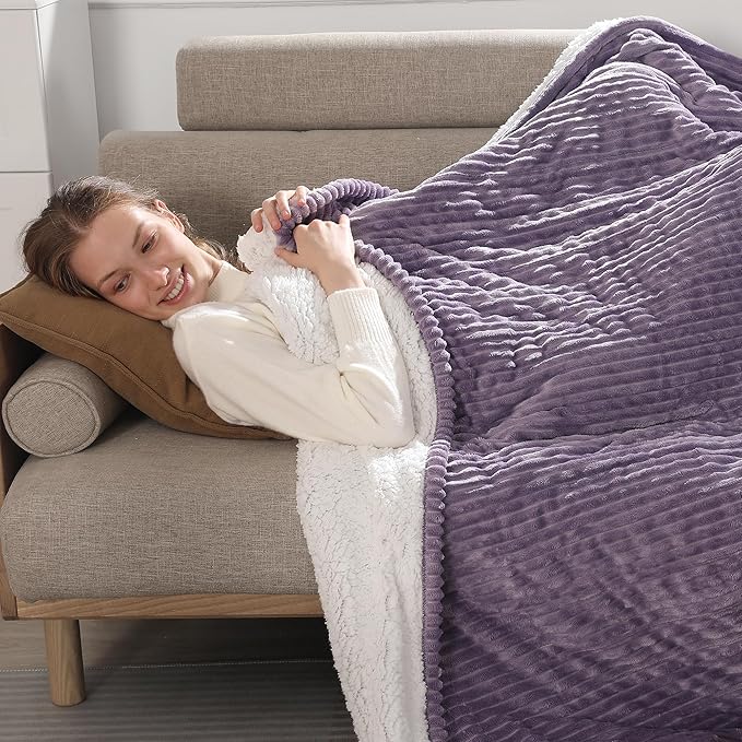 Electric Blanket Full Heated Blanket Full Size - Striped Flannel & Thick Sherpa, 5 Heat Settings & 10 Hour Auto Off with FCC/ETL Certified, Overheat Protection & Machine Washable, Lavender 72"x84"