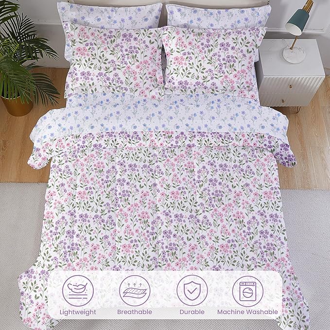 Floral Queen Comforter Set with Sheets, 7 Piece Luxury Vintage Bedding, Soft Microfiber Bed in a Bag, Cozy Lightweight Bed Set, Purple Flower Green Leaf