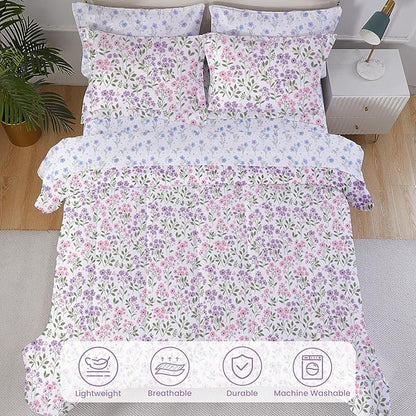 Floral Queen Comforter Set with Sheets, 7 Piece Luxury Vintage Bedding, Soft Microfiber Bed in a Bag, Cozy Lightweight Bed Set, Purple Flower Green Leaf