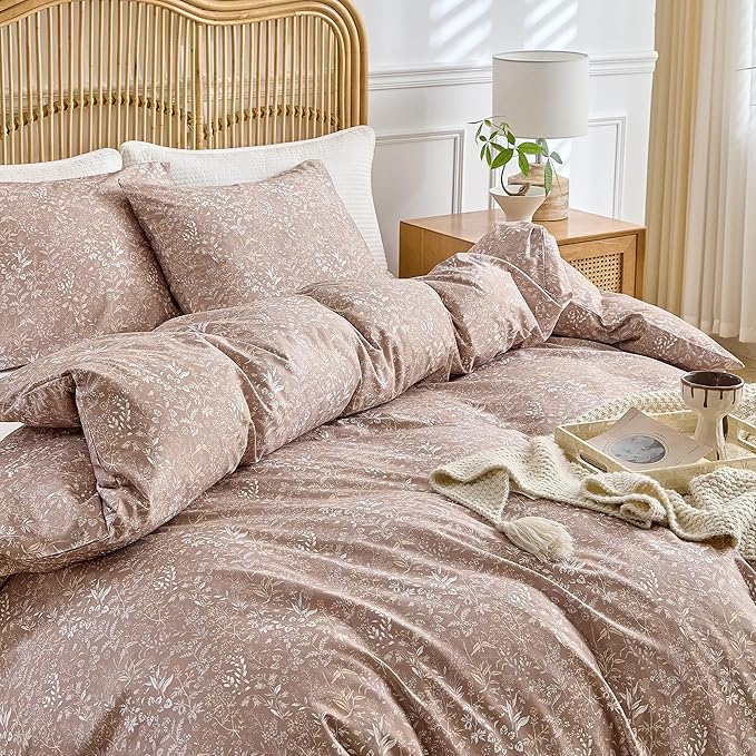 90''x90'' Queen Size Cozy Comforter Set with 2 Pillowcases Microfiber 3 Pieces Boho Bedding Set for Bed Botanical Floral Quilted Comforter Sets with Flowers, Khaki