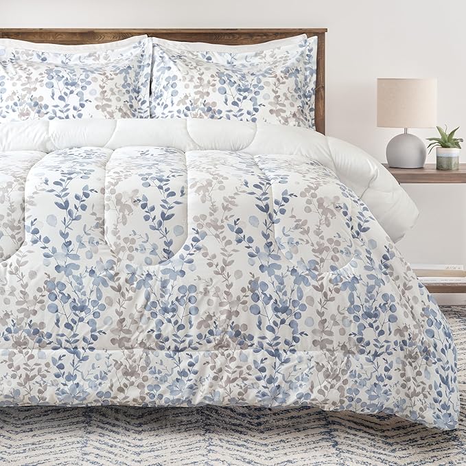 Chanasya Premium Queen Size Watercolor Leaf Vines Comforter Set – Soft Blue Gray Botanical Microfiber Bedding – 3 Piece Set with 1 Comforter and 2 Pillow Shams - Queen