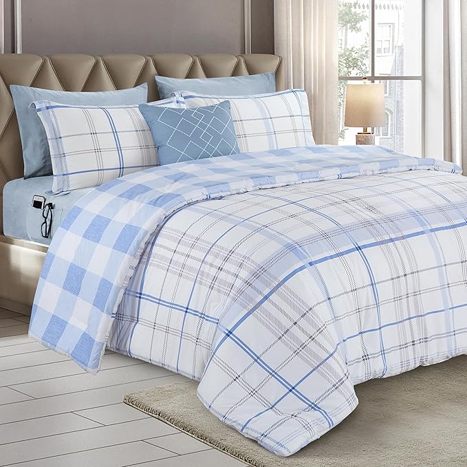 Elegant Comfort 8-Piece Lodge Plaid Reversible Comforter Set - All Season Bed in a Bag, 4-Piece Sheet Set Featuring Smart Pockets, Matching Shams and Decorative Pillow, King/California King, Aqua