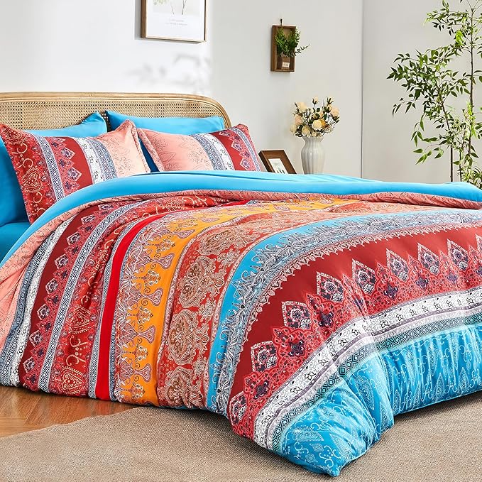 Boho Comforter Set Queen - 7 Pieces Bed in a Bag, Bohemian Striped Comforter Set with Sheets, Soft Microfiber Colorful Floral Bedding Set for All Season