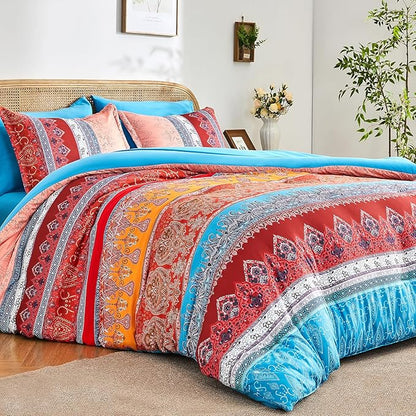 Coral Pink King Size Comforter Set Boho - 7 Pieces Floral Striped Comforter and Sheet Set, Soft Bed in a Bag Complete Bedding Sets for All Season(Coral Pink, King)