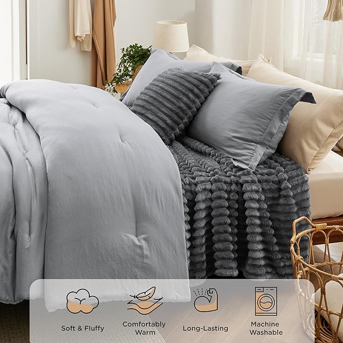 Bedsure Full Comforter Set 5 Pieces - Bed in a Bag with Fleece Throw Blanket and Decorative Pillow, Lightweight Bedding Comforter Sets, All Season Bedding, Dark Grey
