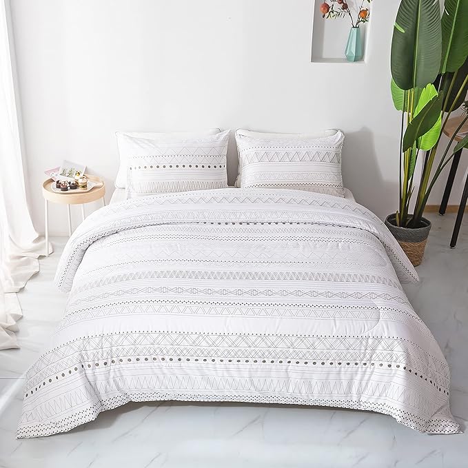 White Geometric Comforter Sets Queen, Boho Bedding Aztec Striped Arrow Pattern,Lightweight Soft Microfiber Down Alternative Comforter Bed Set